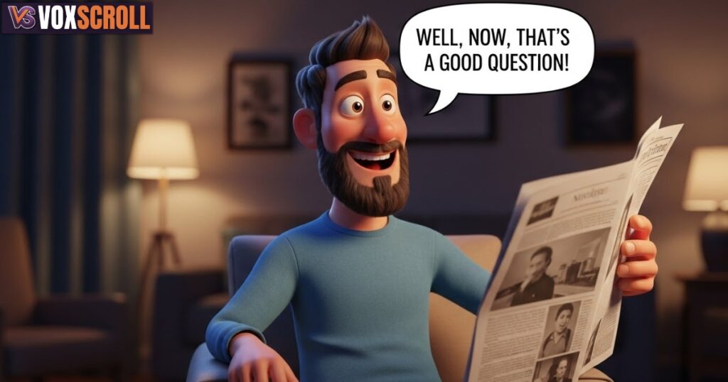 Dad sets his newspaper down, a playful smile spreading across his face.