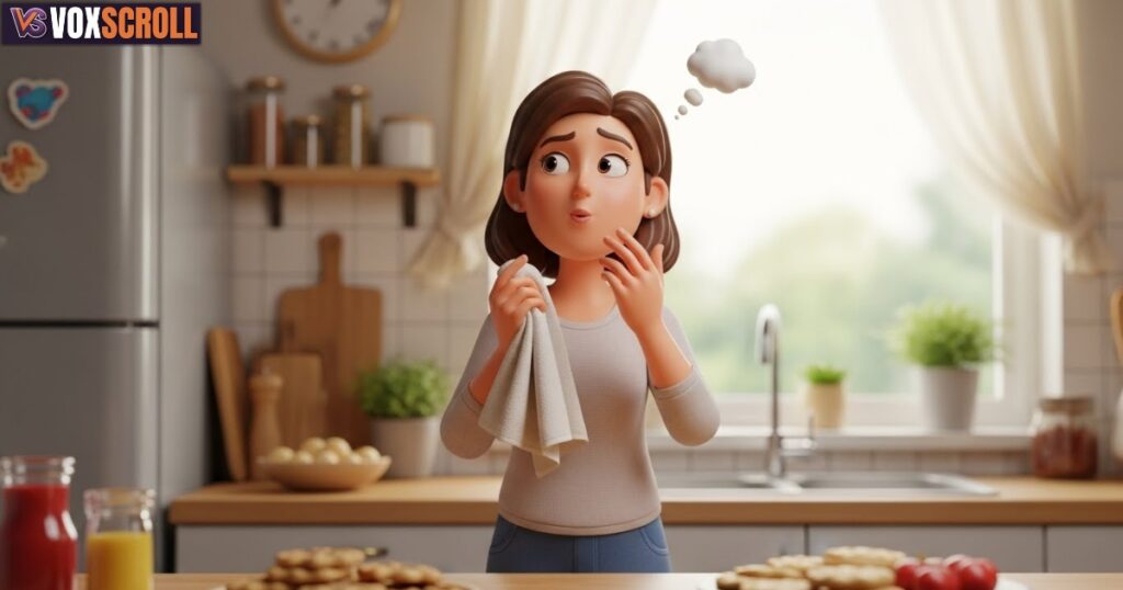 Mom pauses, wiping her hands on a towel, and takes a thoughtful breath.