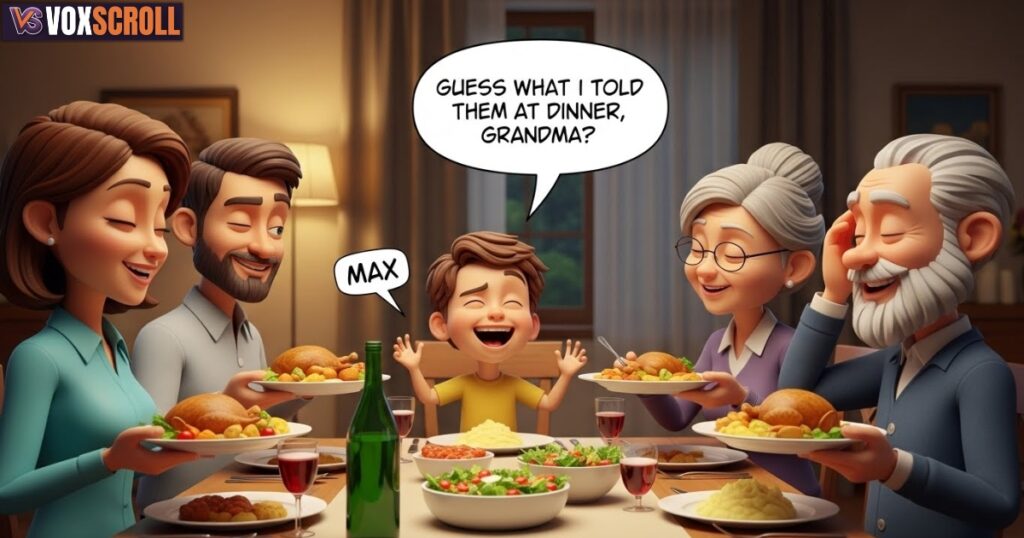 Scene shifts to dinner time. The family gathers around the table with plates full of food.