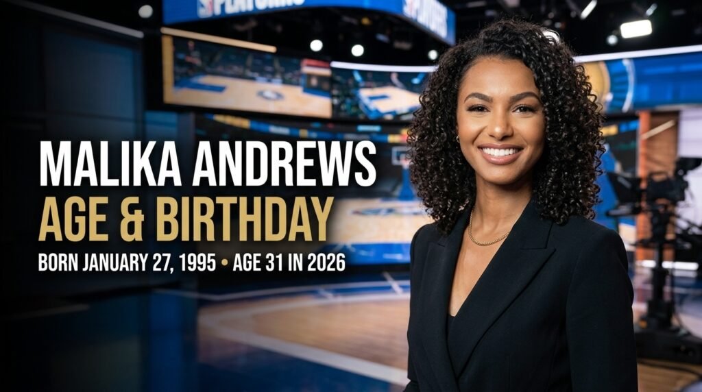 Malika Andrews age and birthday, featuring ESPN NBA host Malika Andrews, born January 27, 1995, and aged 31 in 2026.