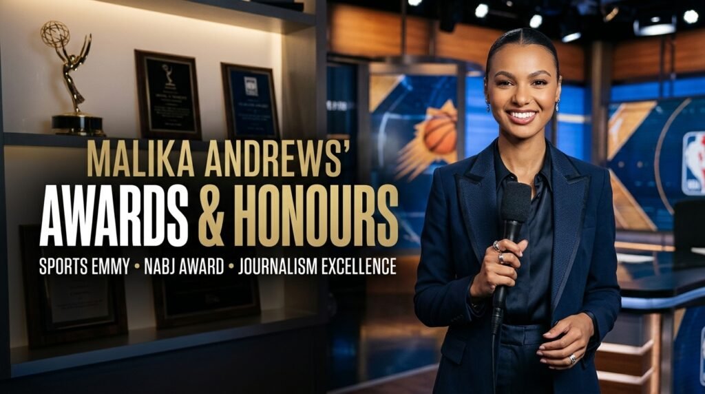 Malika Andrews’ awards and honours, highlighting her 2022 Sports Emmy Award for Outstanding Personality – Emerging On-Air Talent and the 2021 NABJ Michael J. Feeney Emerging Journalist of the Year Award.