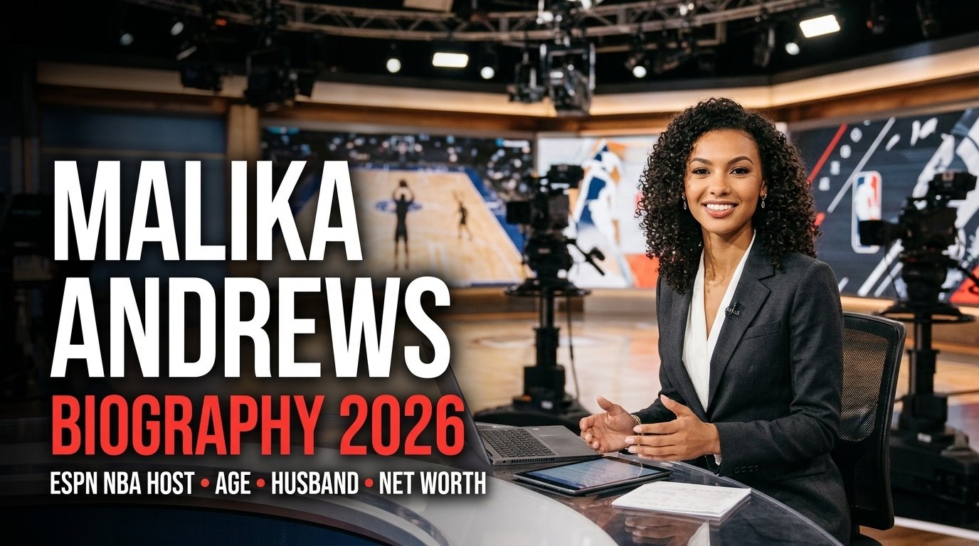 Malika Andrews Biography 2026 covering her career as an ESPN NBA host, age, husband Dave McMenamin, and estimated net worth