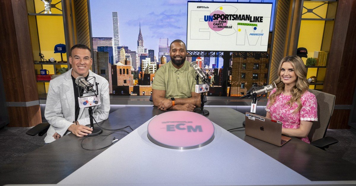 Michelle Smallmon with co-hosts Evan Cohen and Chris Canty in the Unsportsmanlike ESPN Radio studio