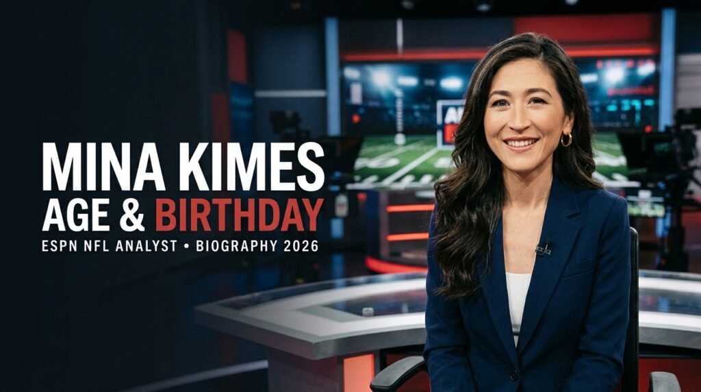 Mina Kimes Age and Birthday, featuring ESPN NFL analyst Mina Kimes in a professional sports broadcasting studio.