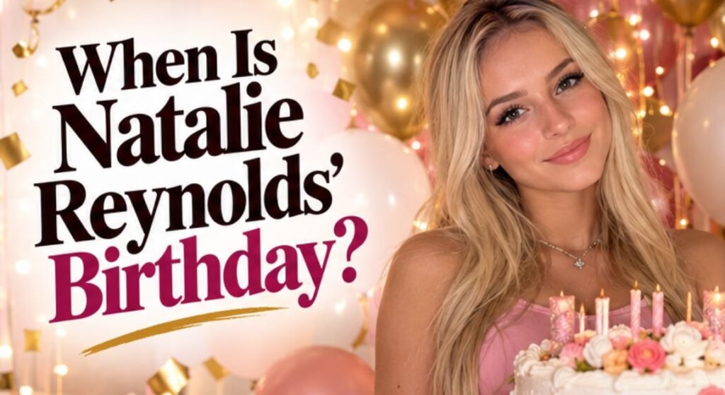 Natalie Reynolds birthday-themed image featuring the TikTok creator with a decorated birthday cake and balloons.