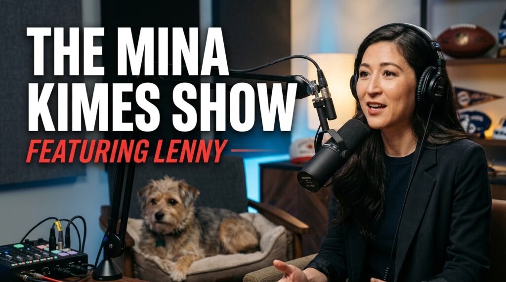 The Mina Kimes Show featuring Lenny, with ESPN NFL analyst Mina Kimes recording her football podcast alongside her dog.